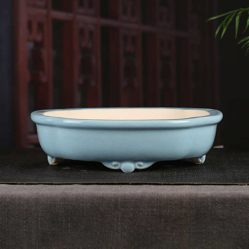 宜兴紫砂花盆批发大号复古三脚莲花浅盆桌面落地盆景装饰文竹YD07