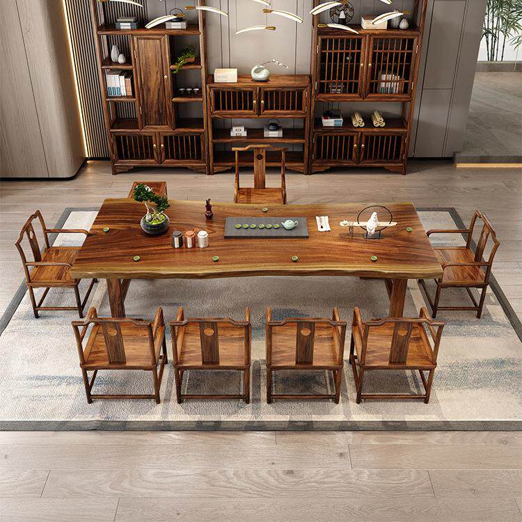 新中式黑胡桃木茶桌原木大板自然边实木茶台客厅办公室洽谈茶桌椅