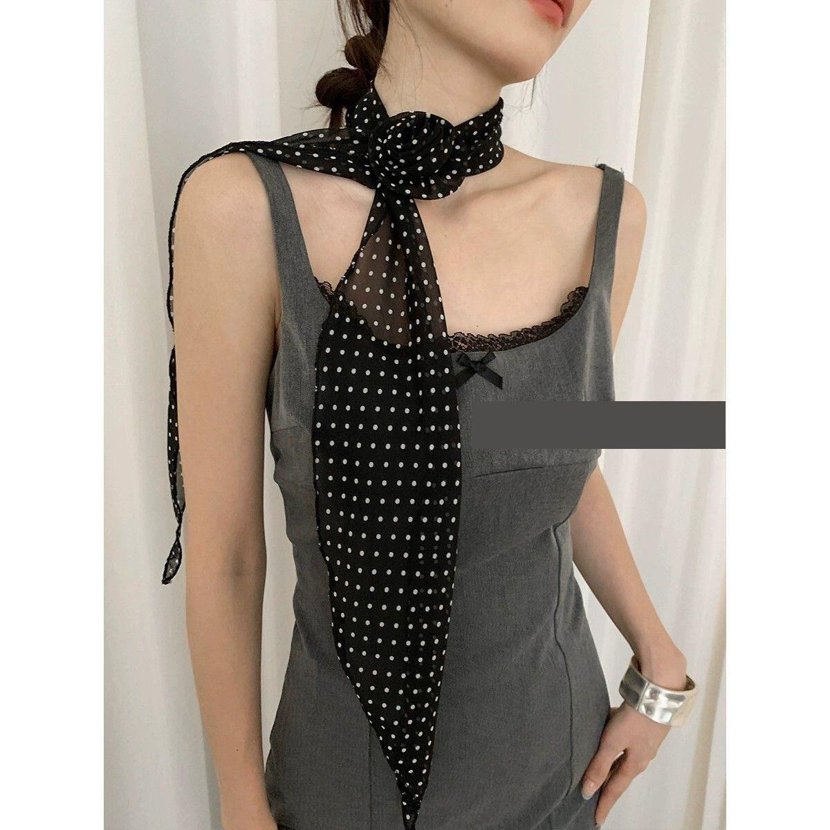 丝带搭配衣服脖子丝巾系脖高级感丝巾女2025新款韩版长条波点图片