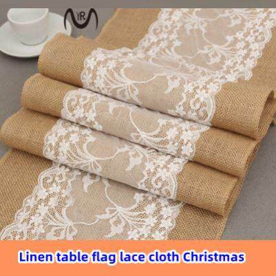 ,Linen table flag lace cloth Christmas黄麻布桌旗蕾丝桌布装饰
