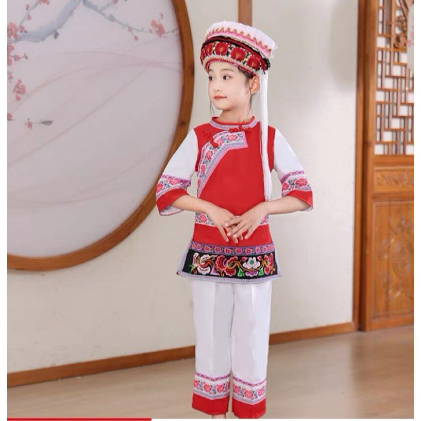 高档白族儿童舞维蹈服男女通用民1族风演出服感00%三醋酯纤柔美呢