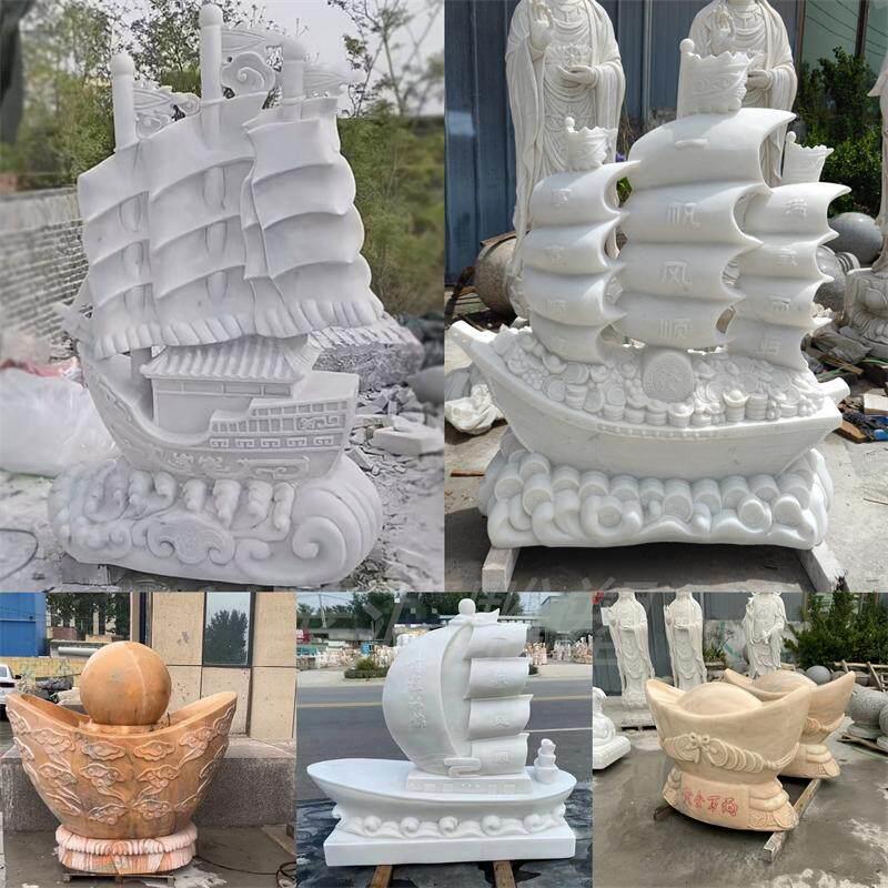 石雕汉白玉帆船 石船 一帆风顺 元宝船 公园庭院景观青石头船摆件