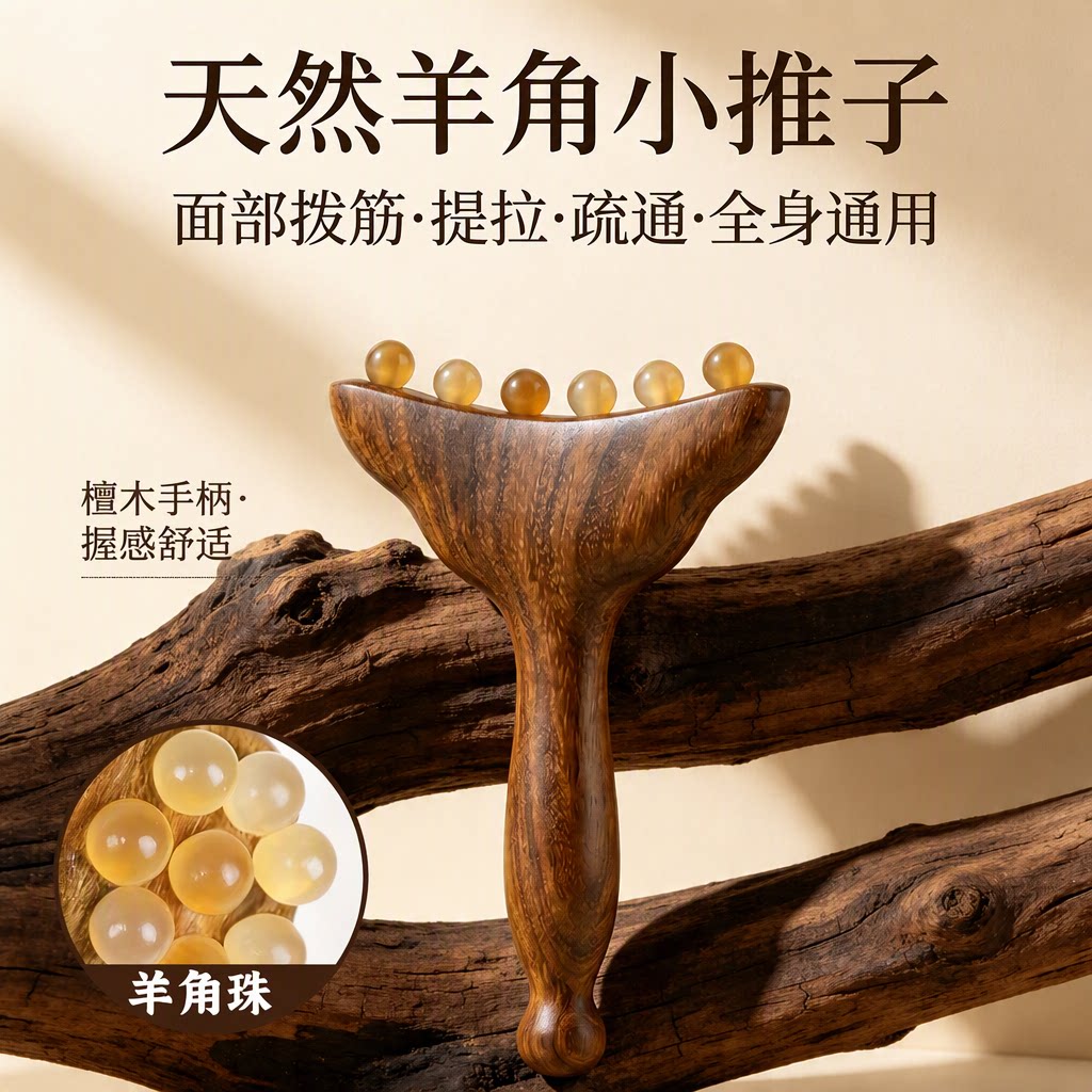 天然羊角檀木手柄小推子经络拨筋刮痧板六珠触点提拉疏通全身通用