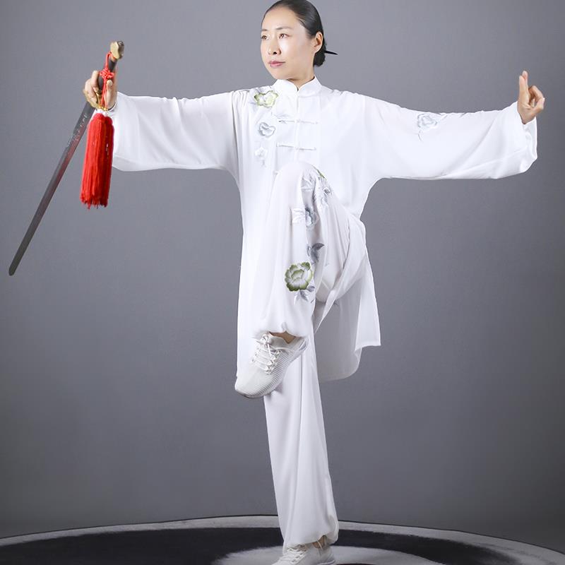 高档马蕾太极夏季新款中长款男极拳服白色太表式演比赛服飘逸女练