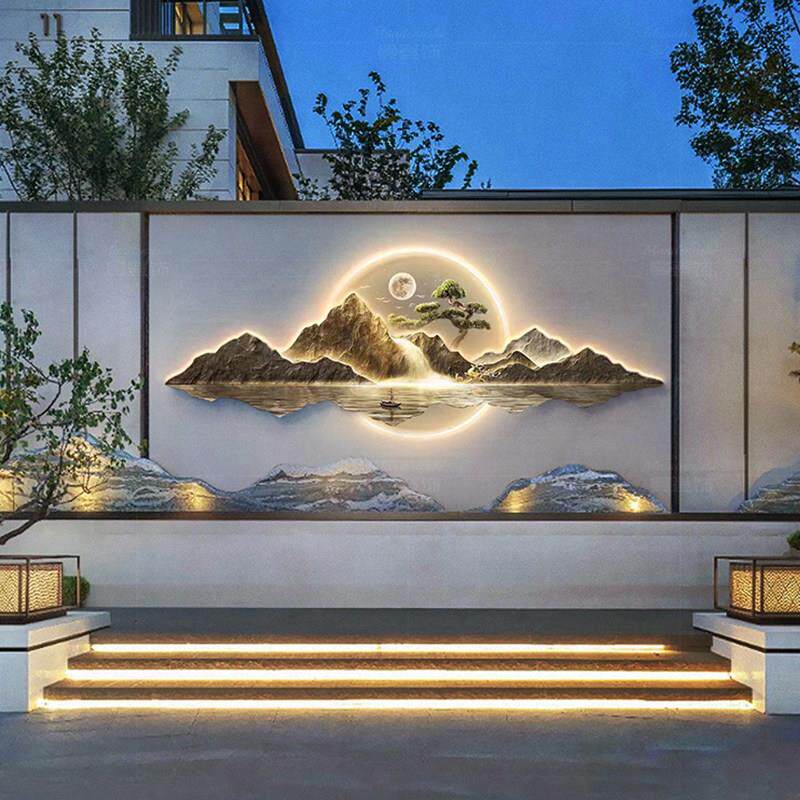 新中式太阳能户外庭院壁灯防水别墅院子造景装饰壁画 画灯背景墙