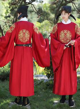 现货汉服男圆领袍唐制酒红色官服婚服成对金兽绣花覆原中国风古风