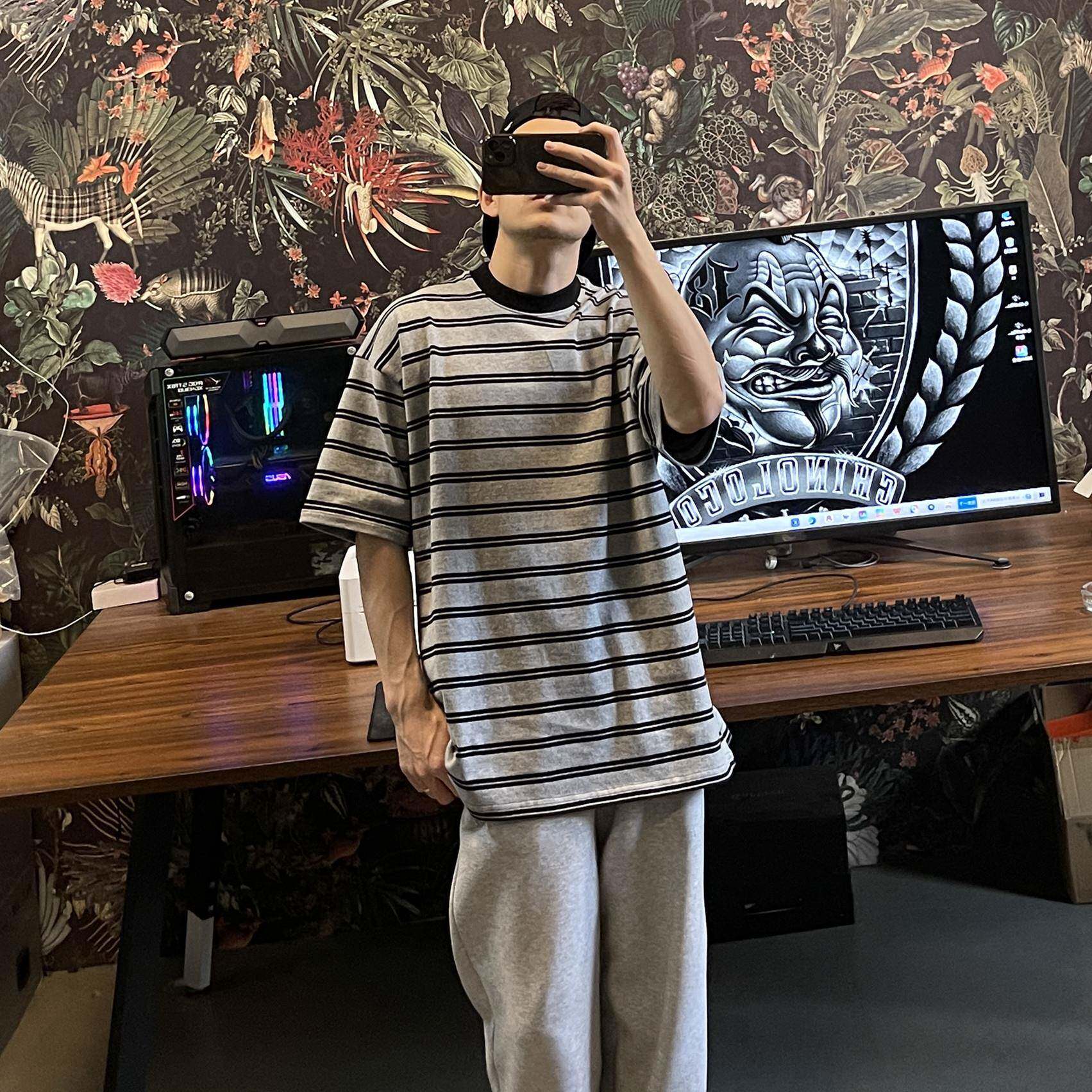 Bboy 320g重嘻哈覆古条纹t恤西海岸小领口纯色短袖
