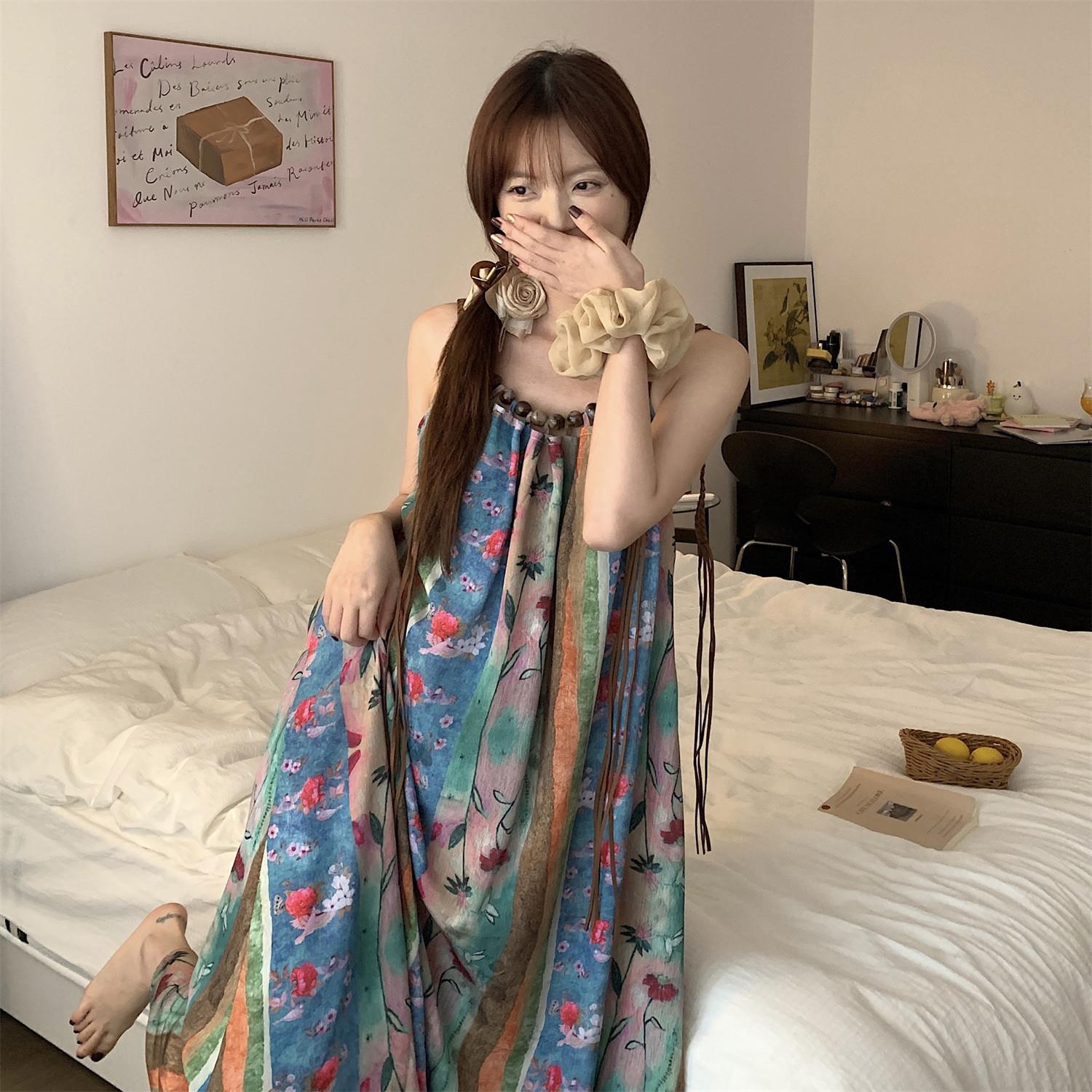 大码新中式睡衣女款夏季复古国风吊带睡裙2024新款夏天家居服长裙