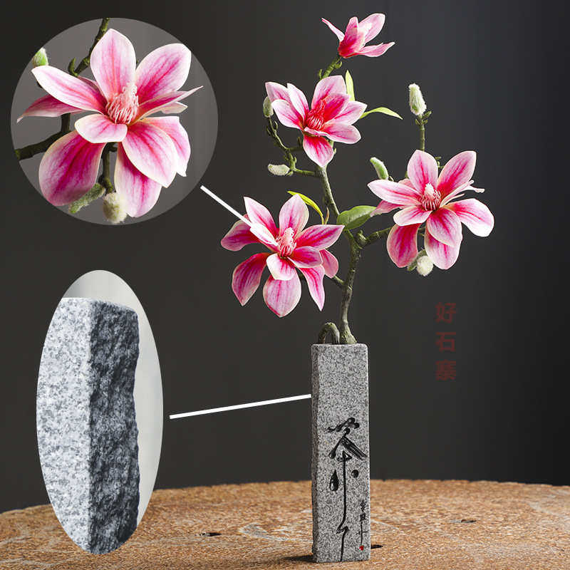 四方形石头花插器客厅桌面插花瓶玄关禅意摆件仿真干花装饰花插瓶