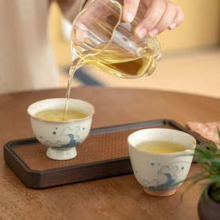 家用茶杯品茗杯釉下彩单杯男女对杯 冰台手绘海浪主人杯陶瓷新中式