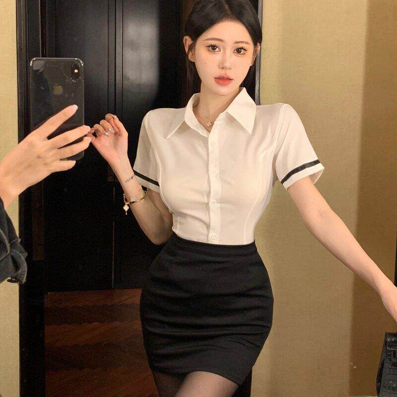 夏季制服套装纯欲白衬衫上衣女短袖衬衣包臀裙职业工作服两件套