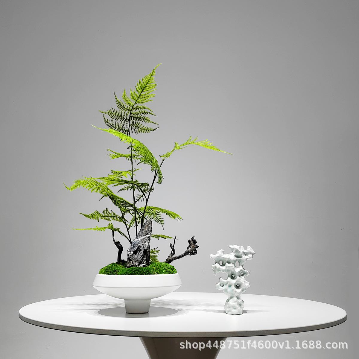 新中式仿真植物文竹盆景摆件假山造景绿植招财装饰品茶室花艺套装