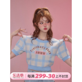 girlyfancyclub元气甜妹*格子，圆领泡泡袖冰丝针织衫，短款上衣女夏