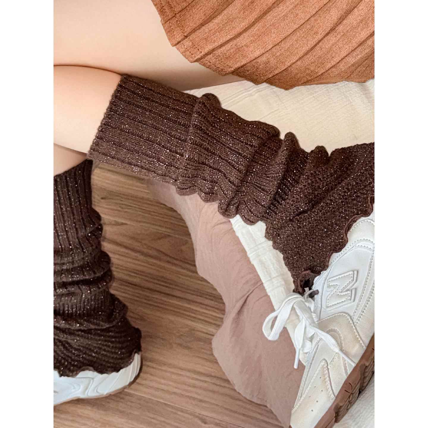 美拉德棕色亮丝堆堆袜套女春秋季腿套日系条纹显瘦冬天jk中筒袜子