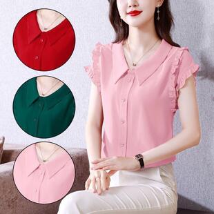洋气减龄遮肚子显瘦上衣纯色荷叶边衬衣 夏季 娃娃领雪纺衬衫 女短袖