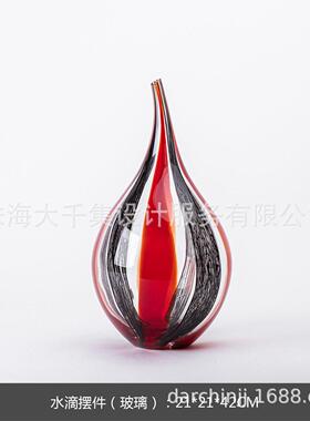 现风百搭彩色直筒红黑条纹纯手工玻璃花插花器家居软装摆件