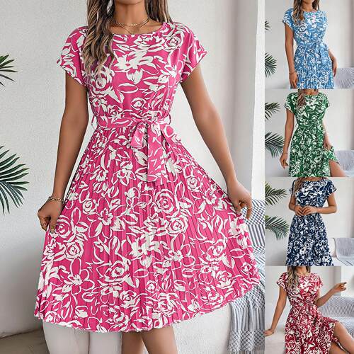 Floral short sleeved pleated dress for women only