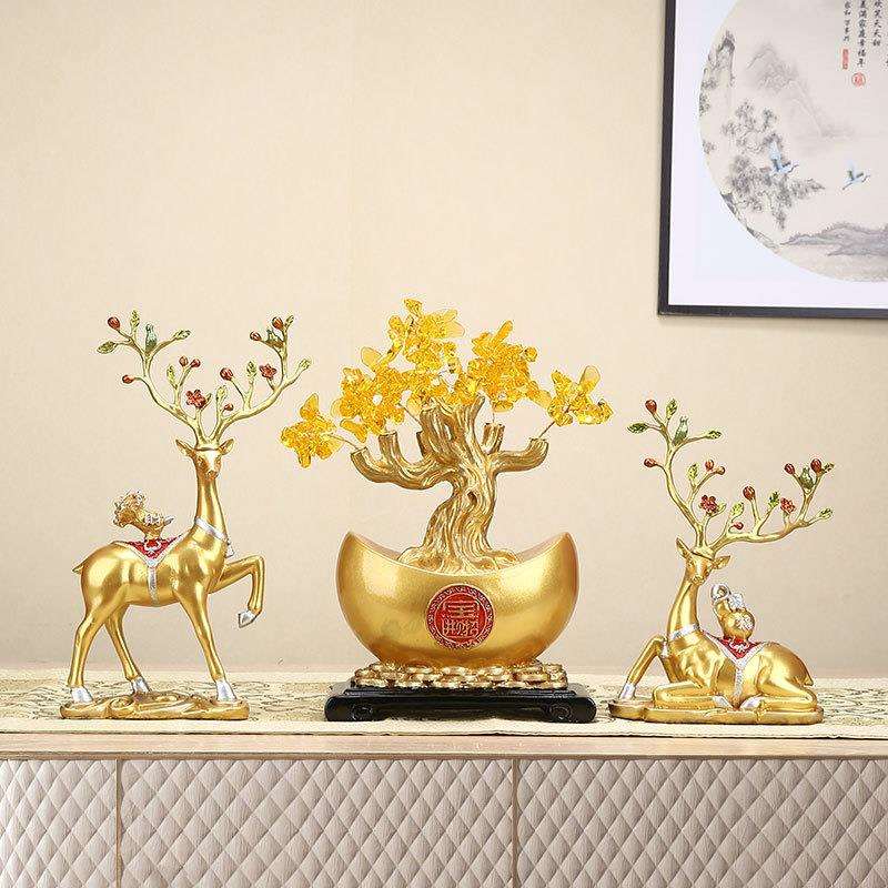 客厅玄关元宝发财树酒柜摆件吉祥如意鹿高档电视柜装饰品摆设招财