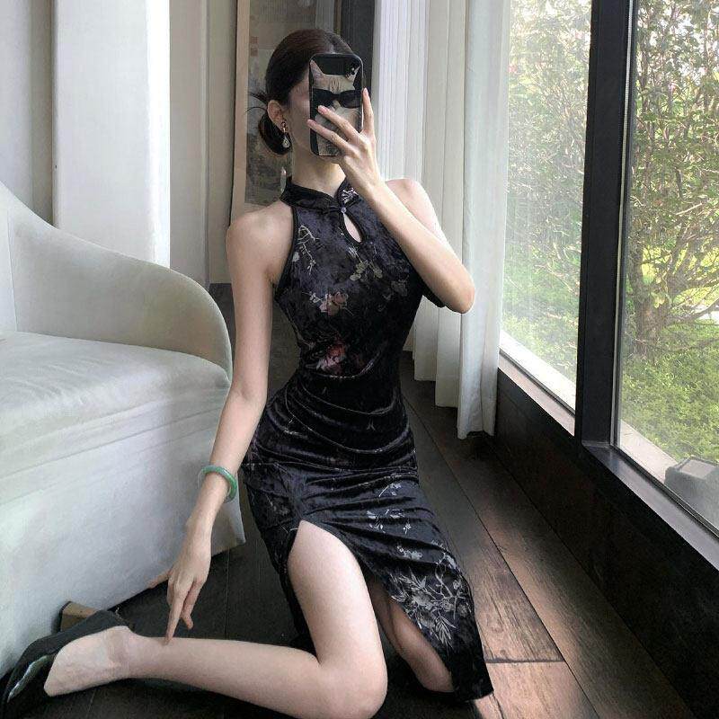 直播衣服女主播上镜民国风年轻款性感开叉新中式露肩旗袍连衣裙