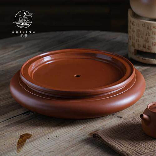 归景丨扁圆丨潮州朱泥茶盘紫砂手拉茶船覆古工夫茶茶台圆形干泡台