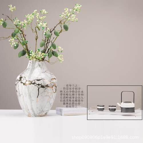 新中式大理石纹陶瓷大花瓶样板房玄关茶室茶具装饰品软装禅意摆件