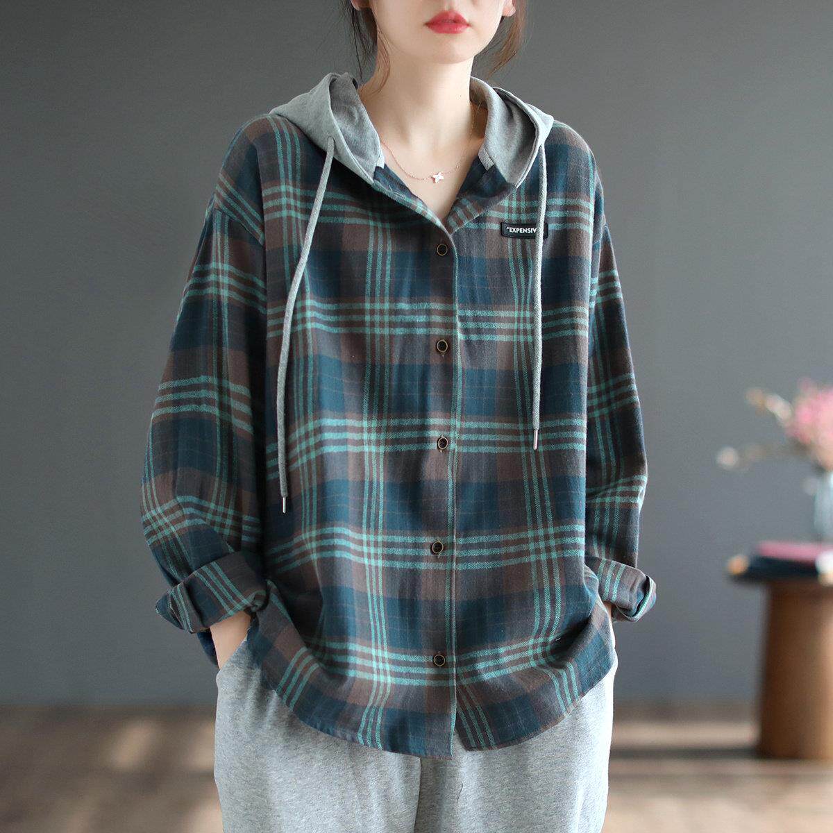 连帽格子长袖衬衫女2025春秋装新款大码宽松显瘦减龄女士衬衣上衣