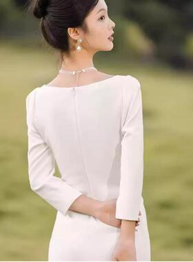 白色订婚礼服高级感法式领证结婚小白裙长袖登记连衣裙平时可穿