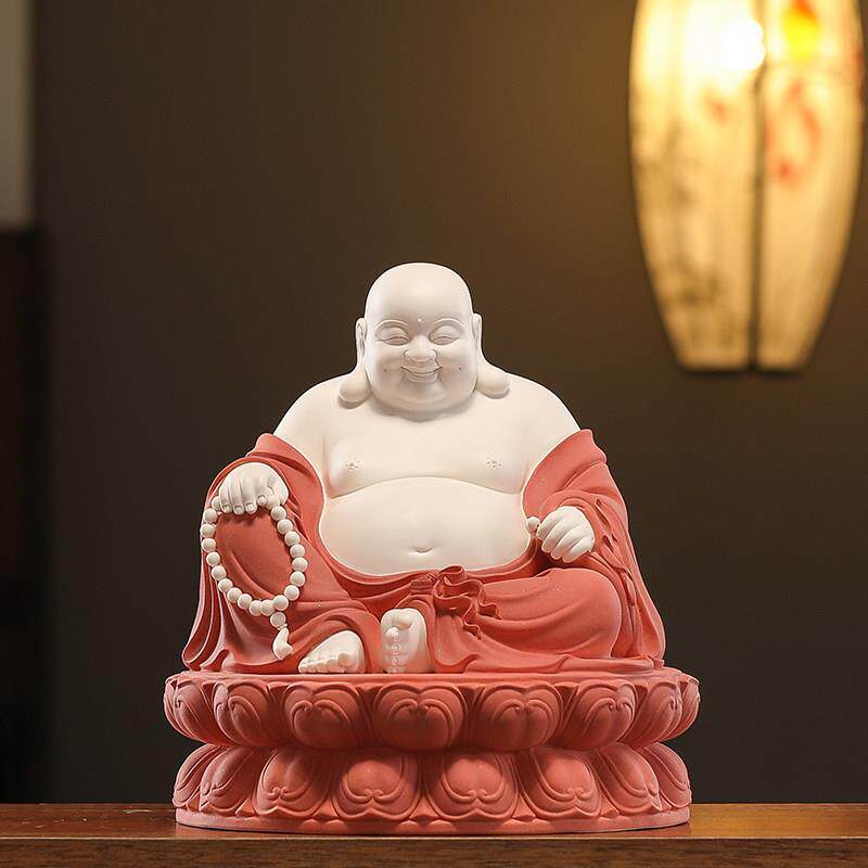 陶瓷坐古莲弥勒佛摆件招财大肚子开心笑佛像门店供奉家居客厅装饰