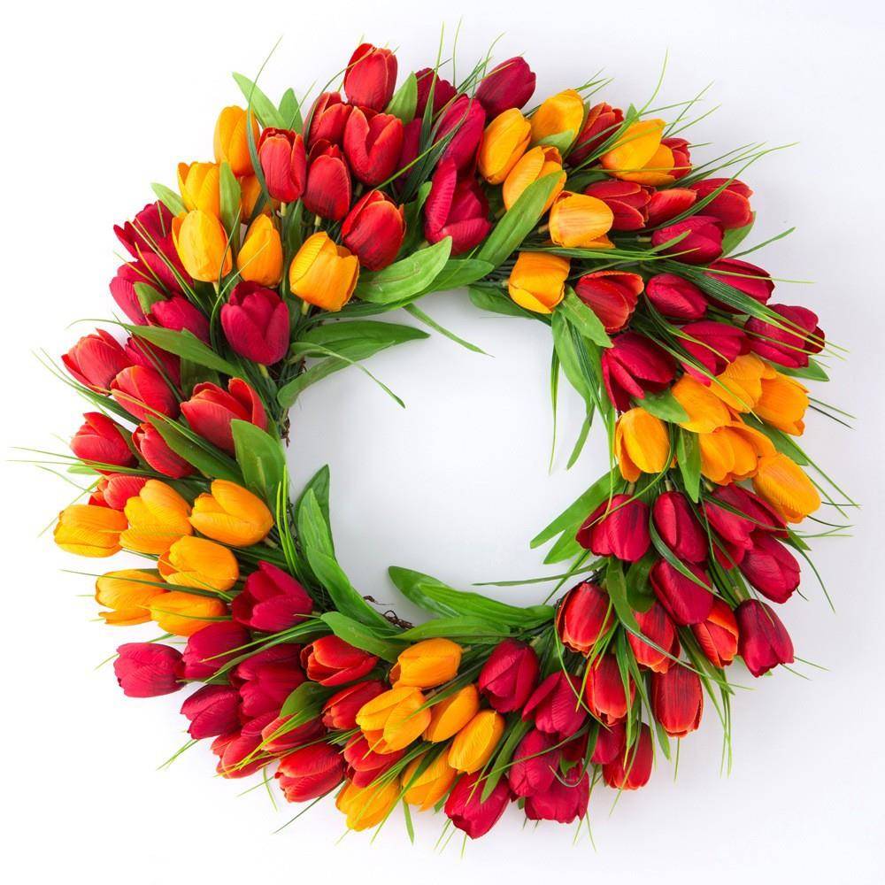 2025春款仿真郁金香花环 家居装饰花圈门挂 圣诞节日摆件藤圈壁挂