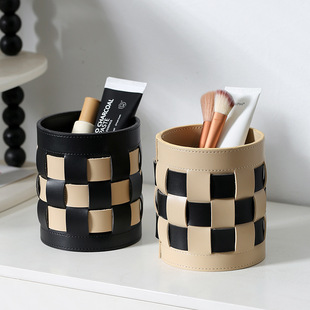 皮质高级感轻奢遥控器收纳盒玄关客厅茶几桌面笔筒化妆刷收纳筒