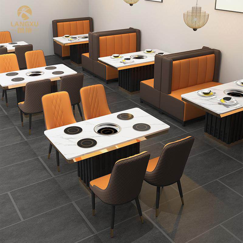 大理石电磁炉一体火锅桌子无烟烤涮一体一人一锅火锅店餐桌椅商用