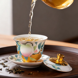 999真金寿桃盖碗 省大师肖建辉手绘主人杯轻奢陶瓷茶杯泡茶送长辈