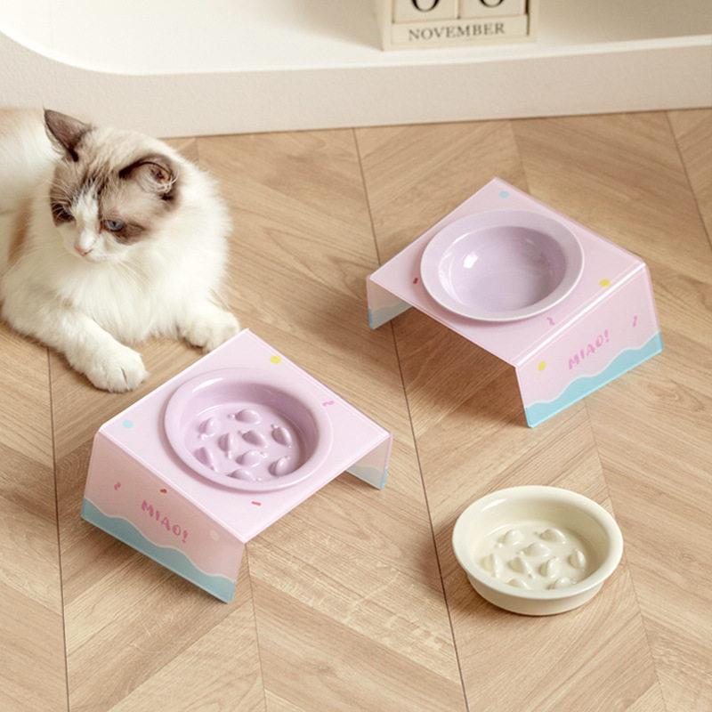 芝小麻斜口压克力碗架陶瓷宠物碗高脚慢食碗猫碗狗碗猫食盆猫粮碗