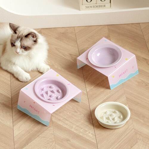 芝小麻斜口压克力碗架陶瓷宠物碗高脚慢食碗猫碗狗碗猫食盆猫粮碗