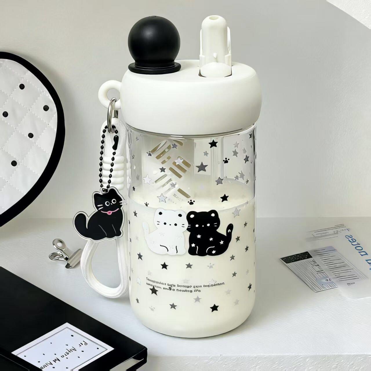 可爱黑白猫咪星星水杯学生便携随手杯办公室高颜值带茶隔塑料杯