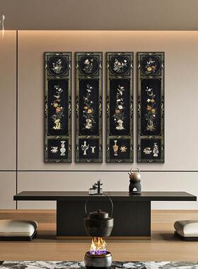 新中式中古风黑色工笔花鸟四联屏茶室客厅装饰画书房壁画竖版挂画