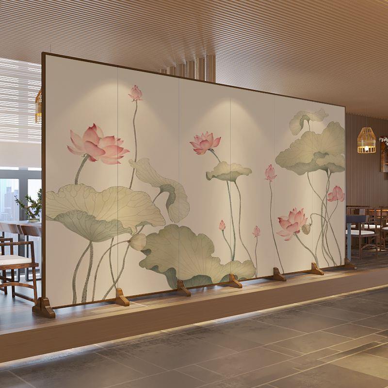 中式禅意荷花布艺屏风隔断客厅玄关酒店餐厅办公茶室遮挡折叠移动