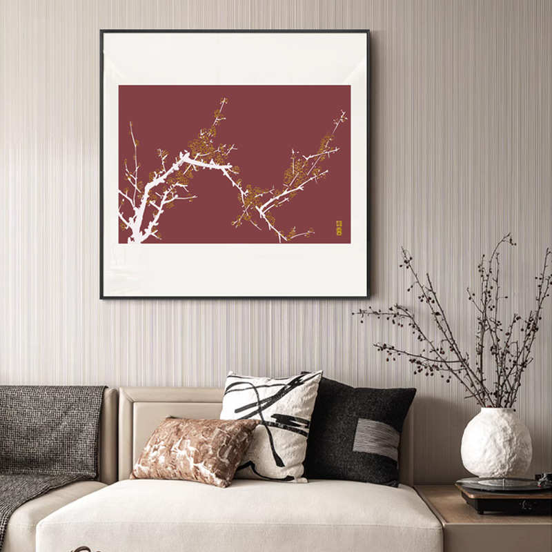 新中式现代客厅装饰画梅花沙发玄关红色喜庆挂画民宿店铺卡纸壁画