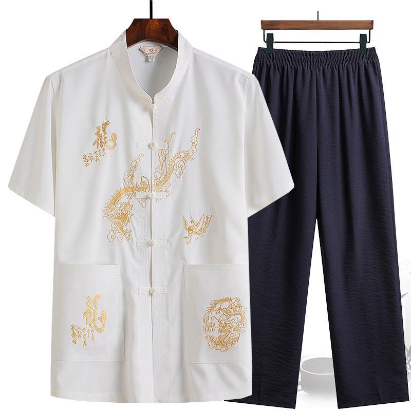 正品中年人春爸夏季套装唐男复装古长袖衬衫爸太极晨练服老爷爷装