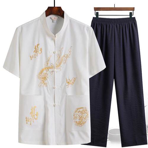 正品中年人春爸夏季套装唐男复装古长袖衬衫爸太极晨练服老爷爷装