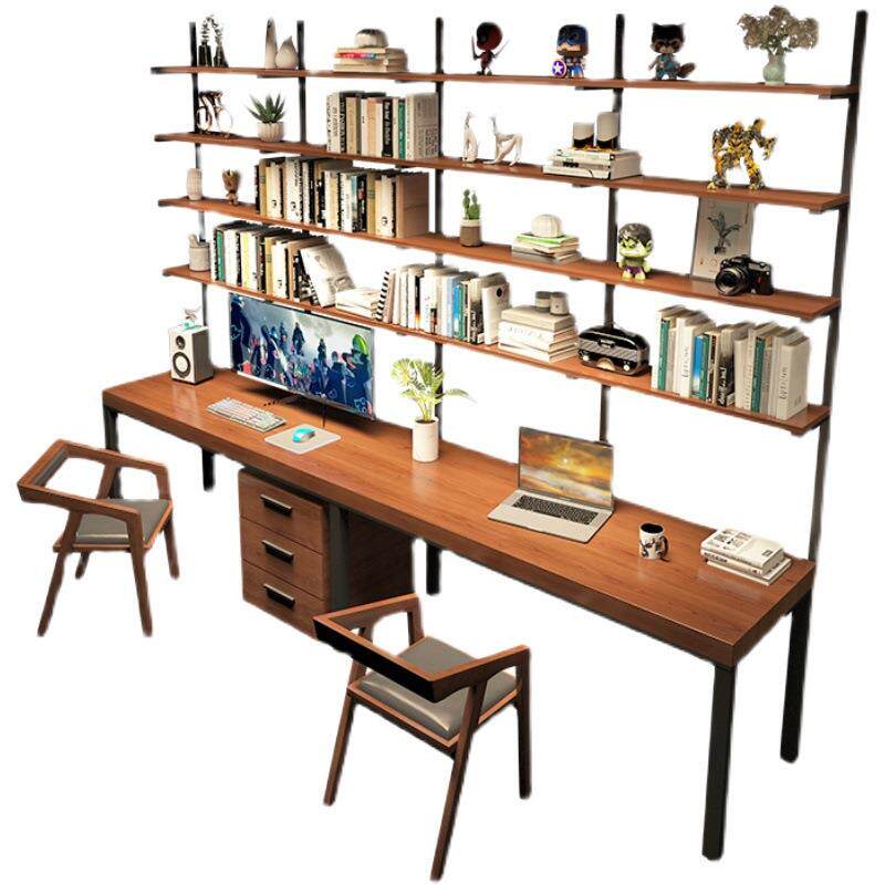 实木书桌书架书柜一体组合双人台式电脑桌家用卧室靠墙写字学习桌