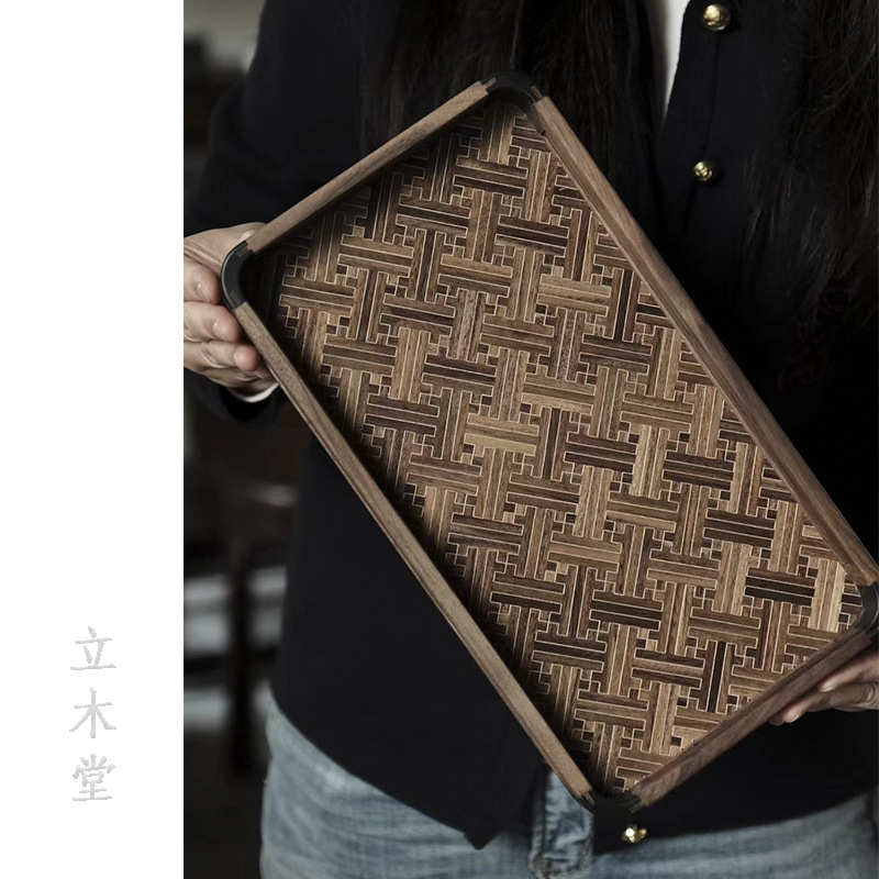 立木堂紫光檀万字锦地纹壶承茶托盘高档黄杨木实木文房收纳盘茶具