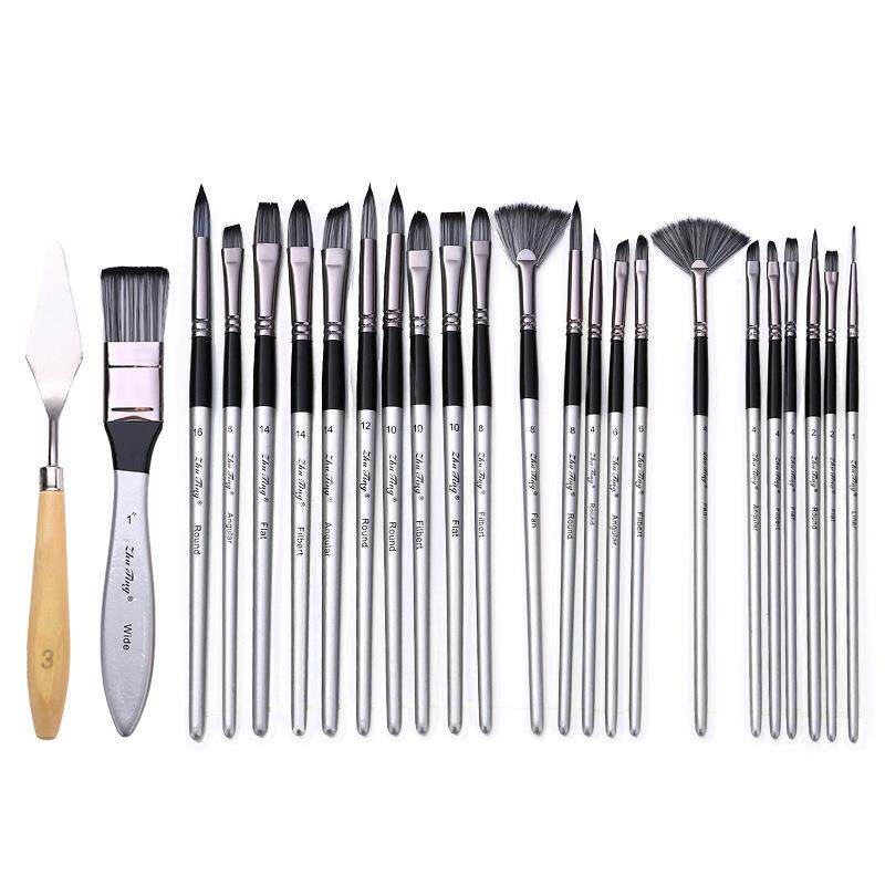 亚马逊热卖24支尼龙毛画笔套装银灰杆笔帘油画笔水粉水彩画笔刷