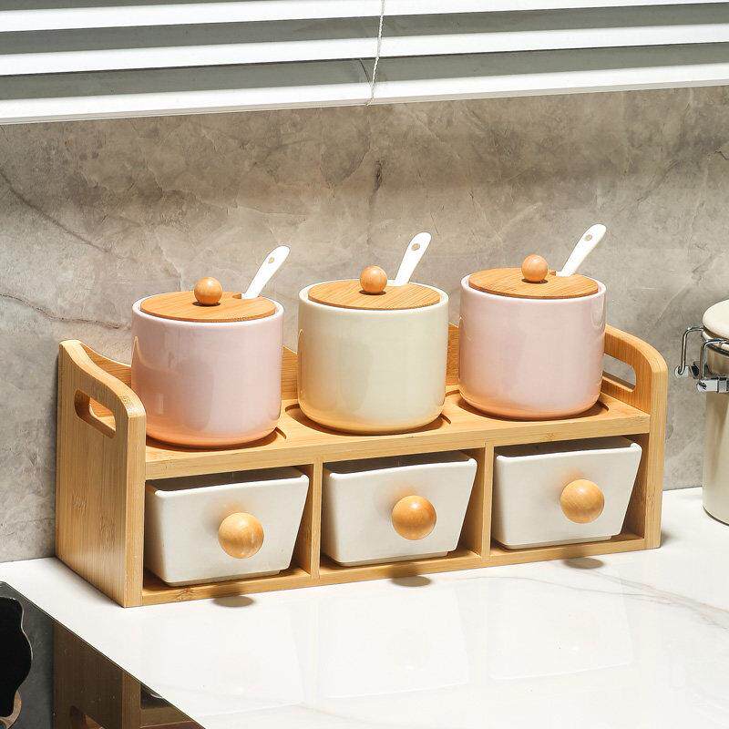 创意陶瓷调料罐调料盒套装家用厨房调味瓶味精辣椒盐罐双层置物架