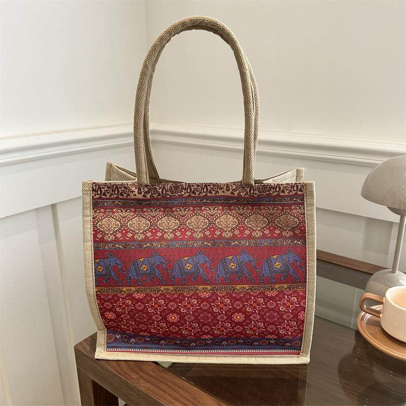 民族风棉麻手提包2024夏季新款时尚百搭潮流休闲包包女韩版提花包