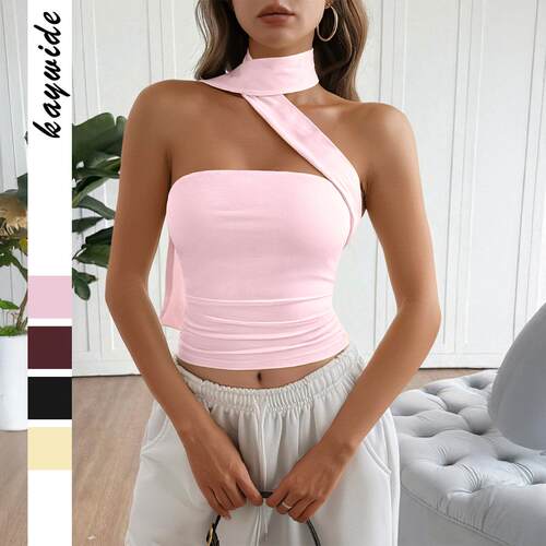 Adjustable Neck Tie Strapless Crop Top With Ruched Side