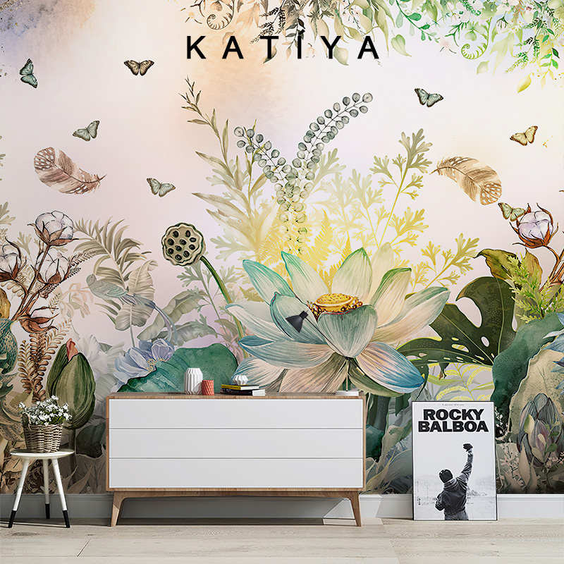 Katiya美式百花争艳壁纸艺术客厅荷花壁画电视背景墙无缝网红墙布