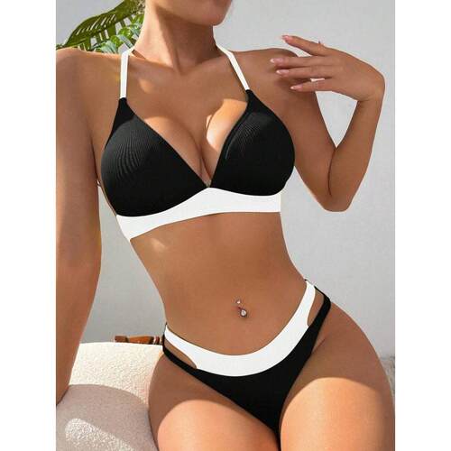 R 80974 Color block string bikini 撞色系带比基尼