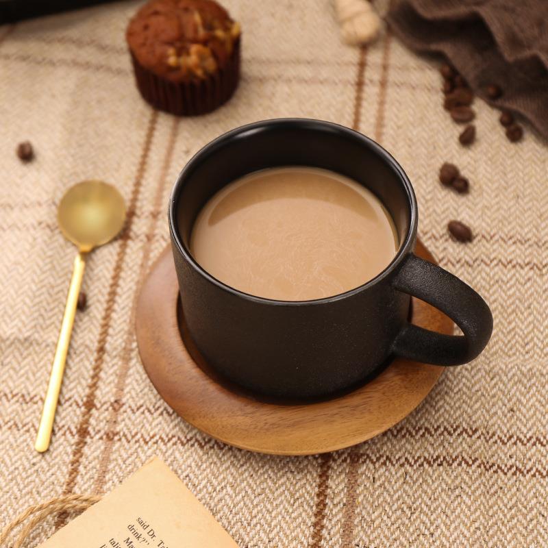 新款直销北欧陶瓷咖啡杯配底座黑色磨砂马克杯配勺简约创意咖啡厅