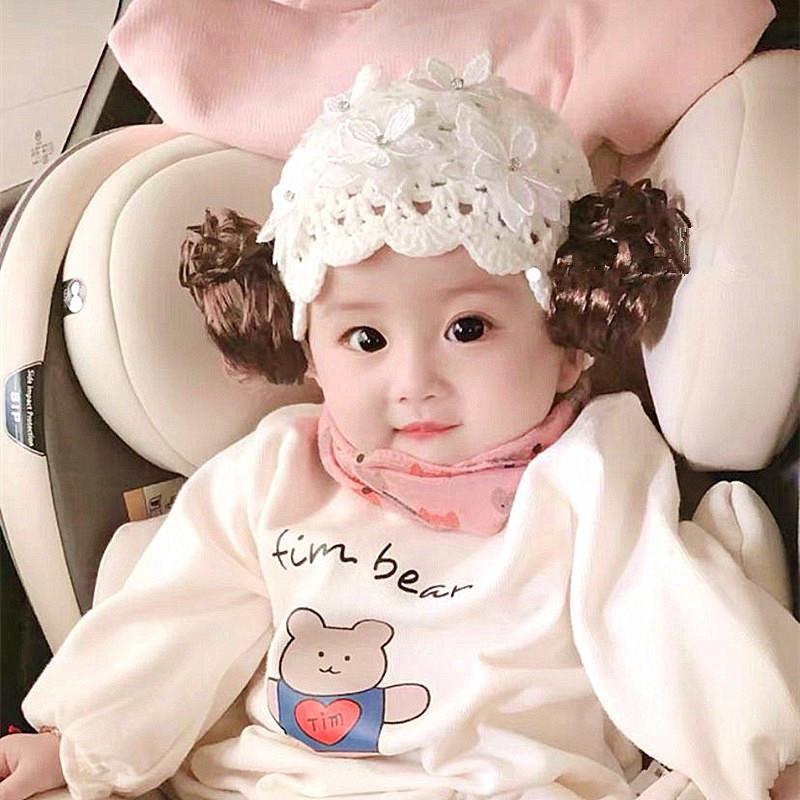 宝宝假发帽子婴儿女童公主小孩手工编织蕾丝花朵韩版新生儿帽夏季